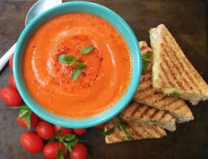 Spiced Tomato Soup with Grilled smoked Mozzarella and Basil Sandwiches 