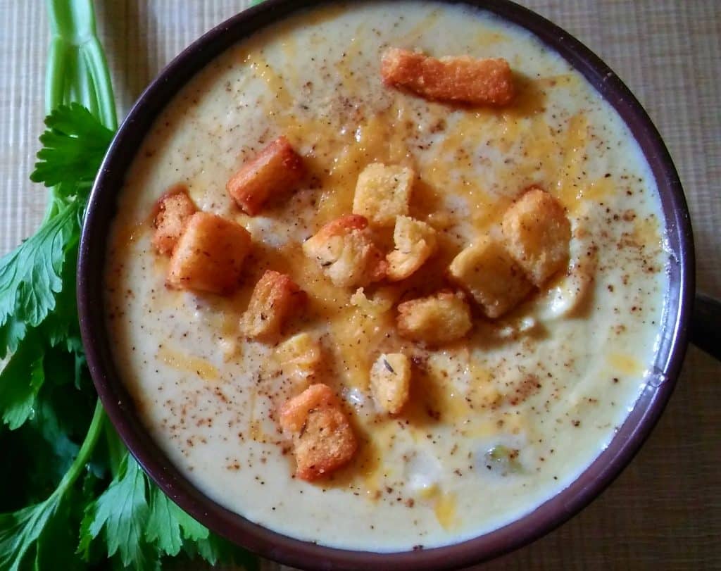 Corn and Potato Chowder with garlic and herb croutons