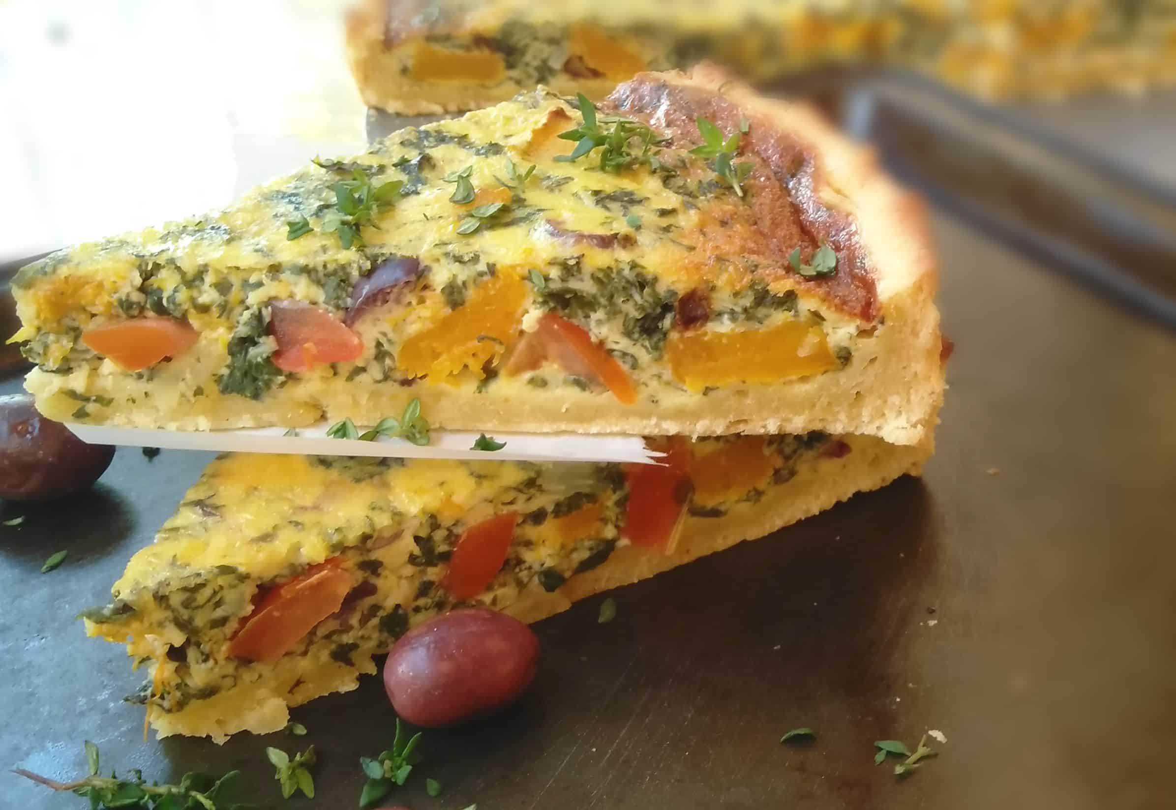 Roast Butternut and Spinach Quiche with olives