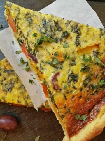 Roast Butternut and Spinach Quiche with olives