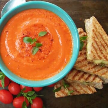 Spiced Tomato Soup with Grilled smoked Mozzarella and Basil Sandwiches
