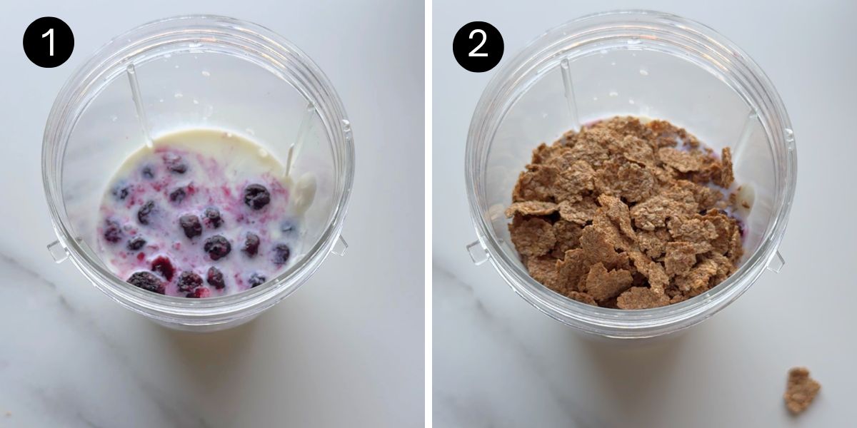 Milk, yogurt, blueberries, and sweetener added to a blender, followed by bran flakes cereal.