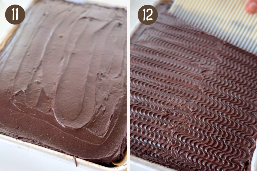 Steps 11 and 12: smooth frosting spread over chocolate sheet cake, then decorated with a wavy lined pattern using a cake decorating comb.