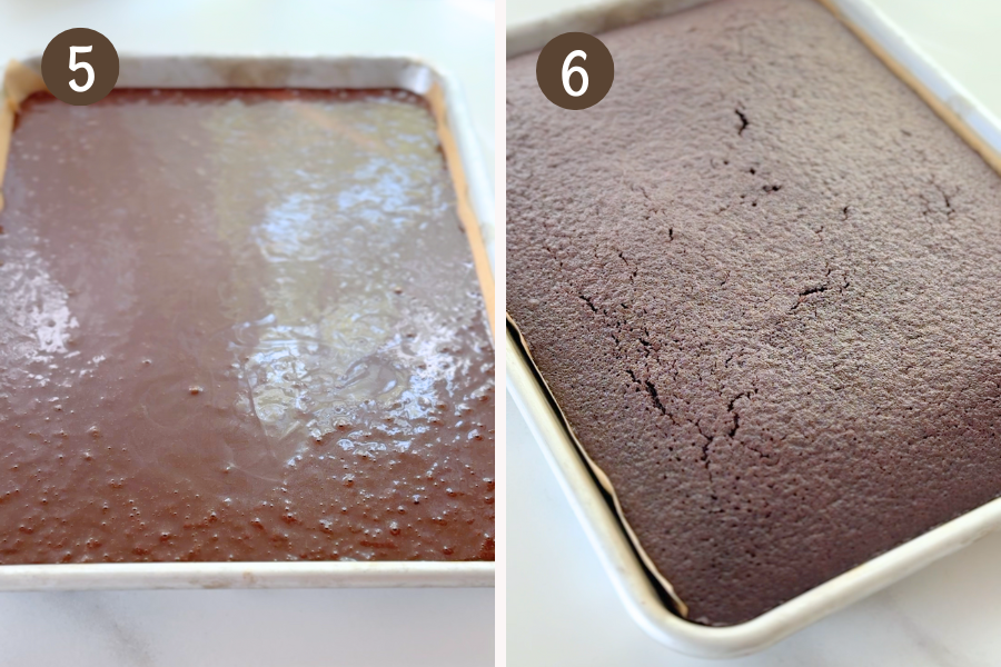 Steps 5 and 6 of making buttermilk chocolate sheet cake: batter poured into a lined sheet pan, then baked until the surface is set and a skewer comes out clean.