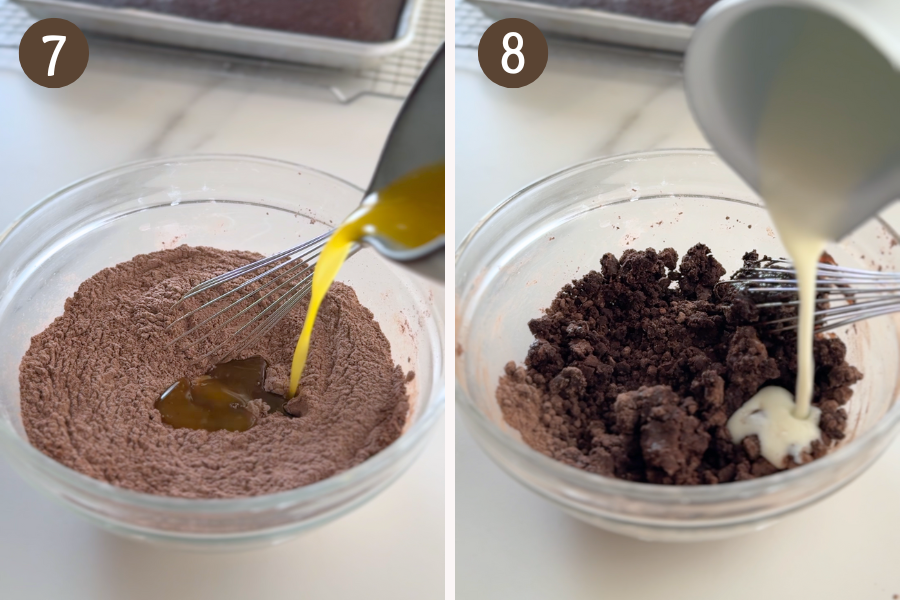 Steps 7 and 8 of making frosting for chocolate sheet cake: hot melted butter poured into sifted cocoa and powdered sugar, then buttermilk added to the clumpy mixture.