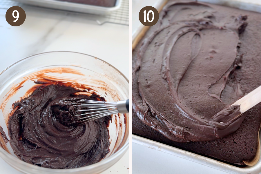Steps 9 and 10 of frosting chocolate sheet cake: whisking thick chocolate frosting until smooth, then spreading it over the cooled baked cake.