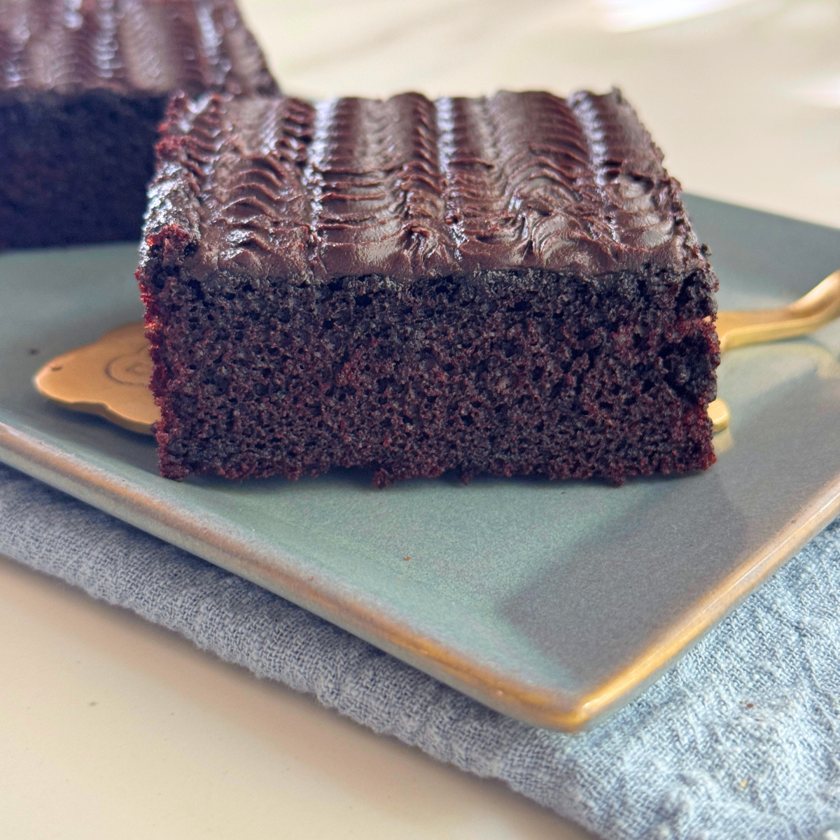 Side view of a single slice of chocolate sheet cake, showing the soft texture and even crumb beneath the frosted top.