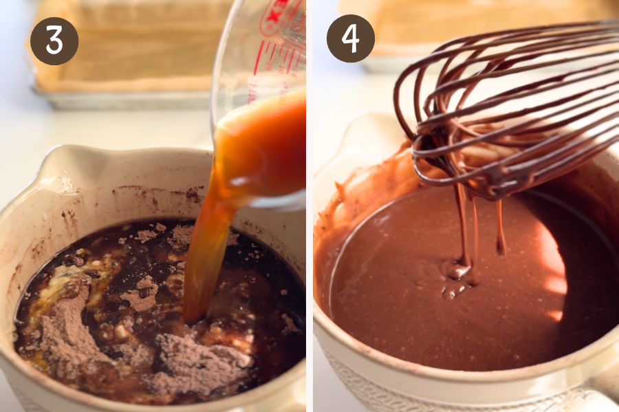 Steps 3 and 4 of making buttermilk chocolate sheet cake: pouring in hot coffee or water, then whisking the thin chocolate batter until fully combined