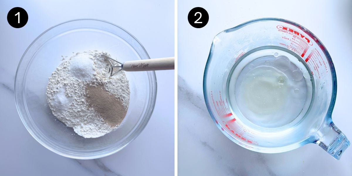 Easy Homemade Pita Bread steps 1 and 2 flour mixture and oil mixture