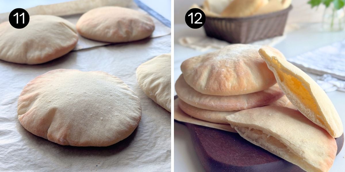 Easy Homemade Pita Bread steps 11 and 12. pitas baked and puffed serving with sliced
