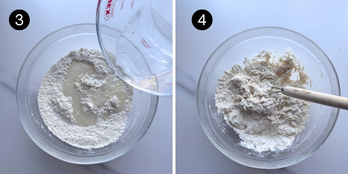 Easy Homemade Pita Bread steps 3 and 4 pouring oil mix into flour mix mixing to a shaggy dough