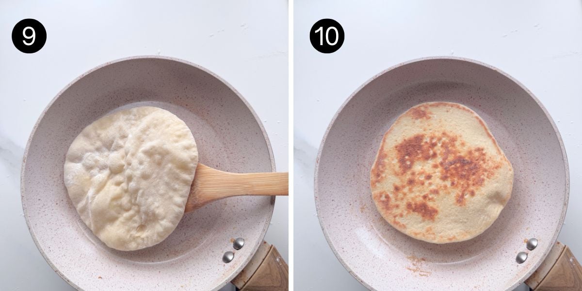 Greek Pita Flatbread steps 9 and 10 cooking on skillet