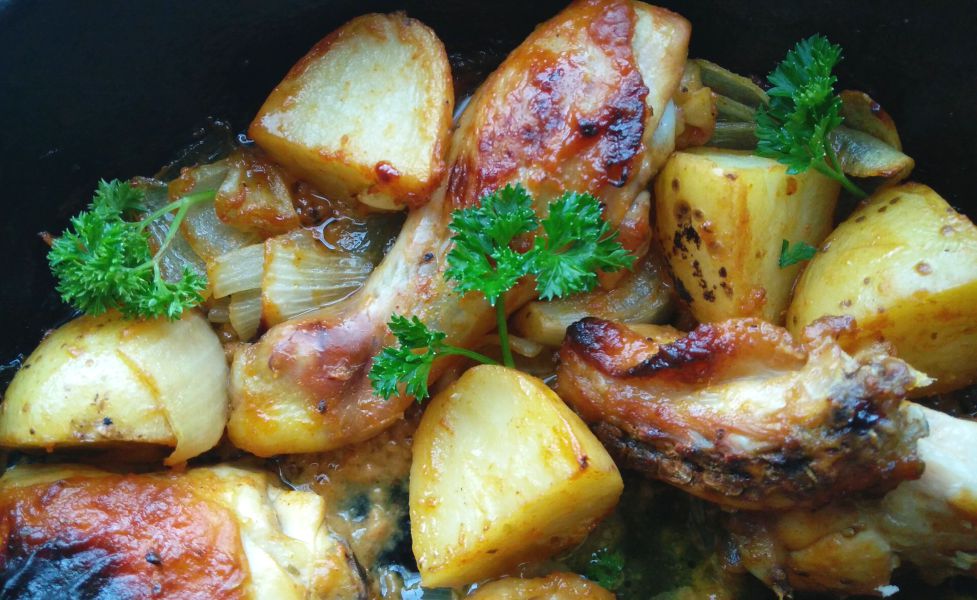 Honey Mustard Roast Chicken with Potatoes and Onions