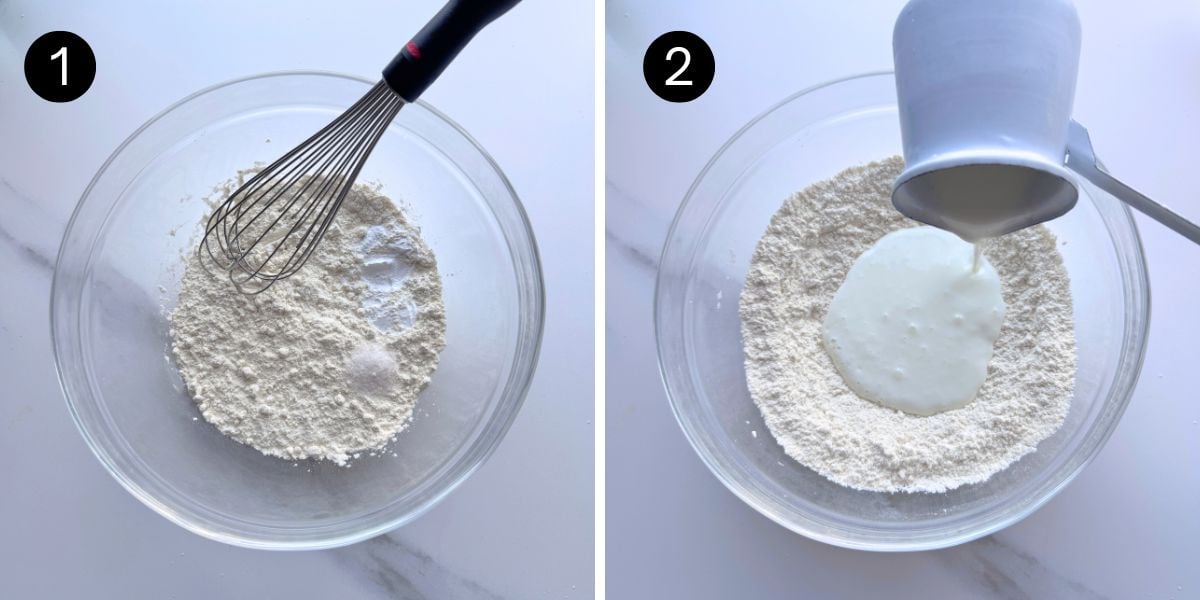 No Yeast Stovetop Pita Bread steps 1 and 2 adding buttermilk to dry ingredients