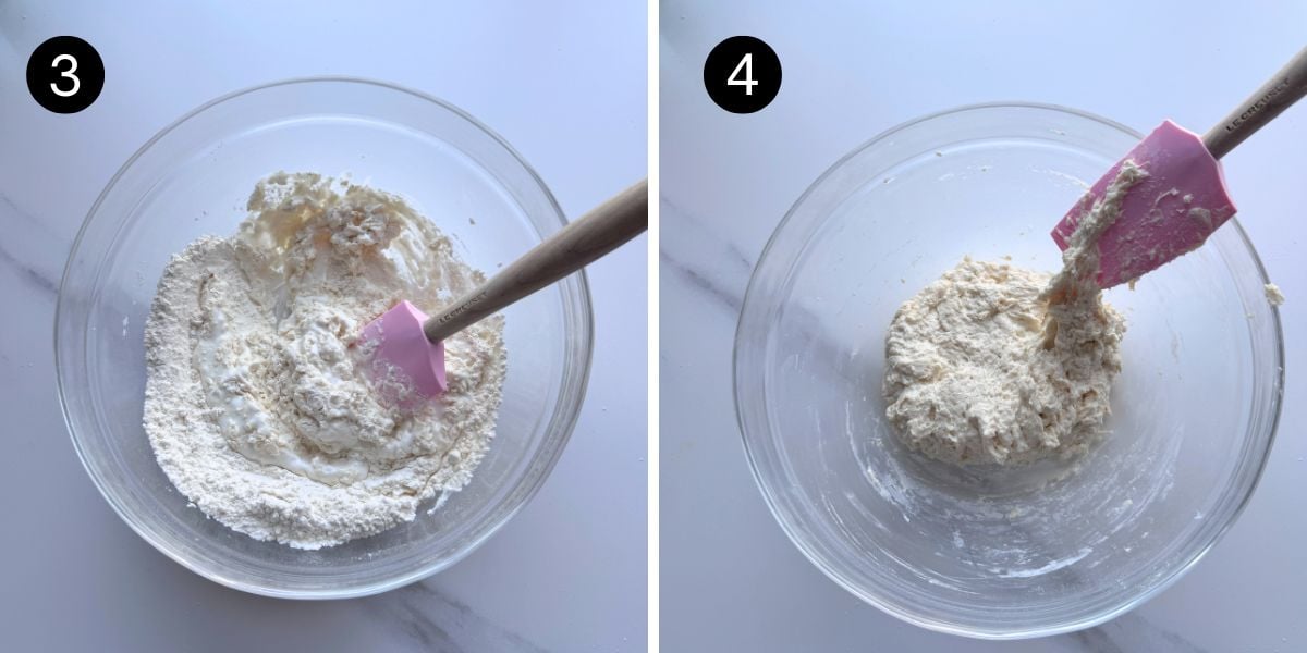 No Yeast Stovetop Pita Bread steps 3 and 4 mixing to form sticky dough