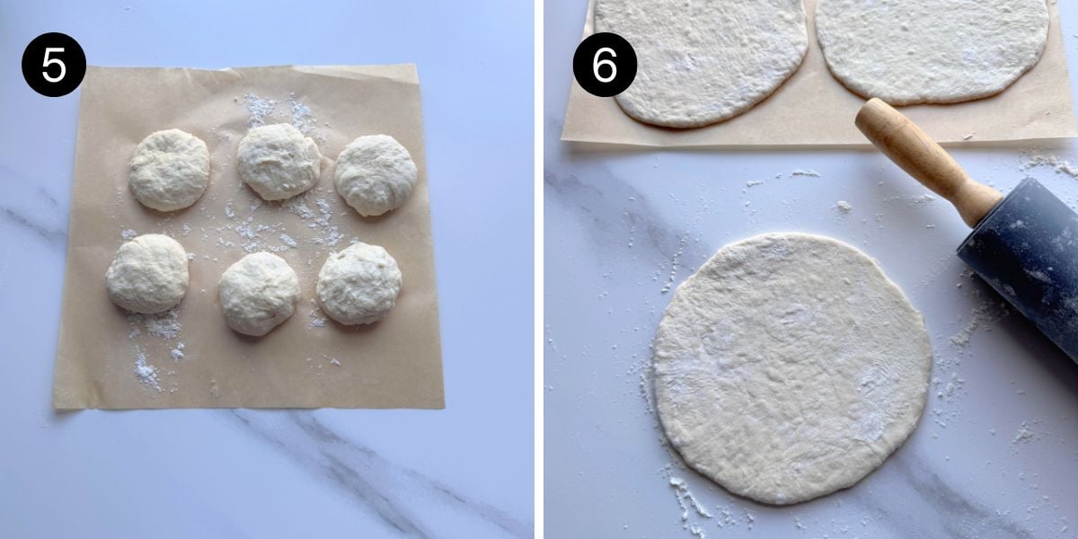 No Yeast Stovetop Pita Bread steps 5 and 6 shaping and rolling