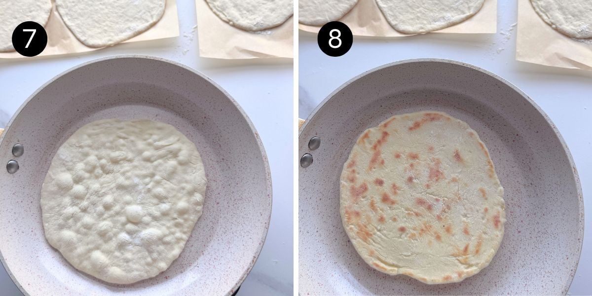 No Yeast Stovetop Pita Bread steps 7 and 8 cooking the pita