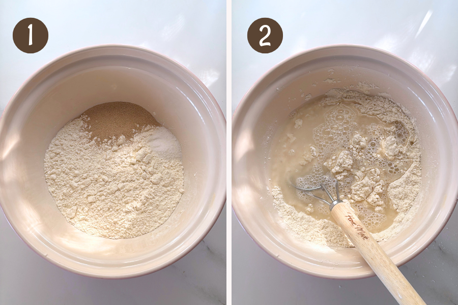 Step-by-step photos showing how to make no-knead pita dough