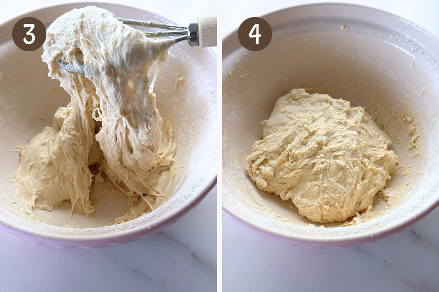Step-by-step photos showing how to make no-knead pita sticky dough