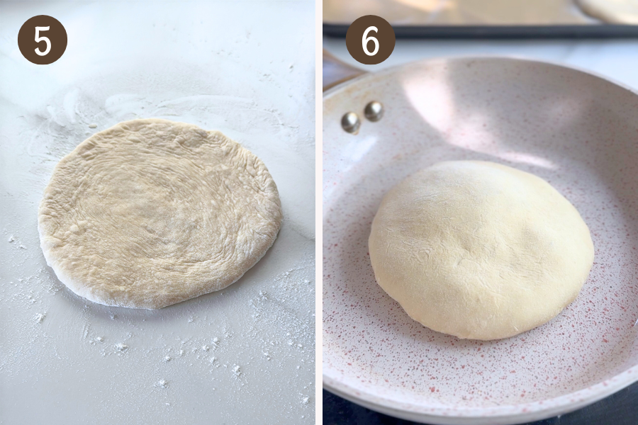 Step-by-step photos showing how to make no-knead pita, shape, and cook in a skillet