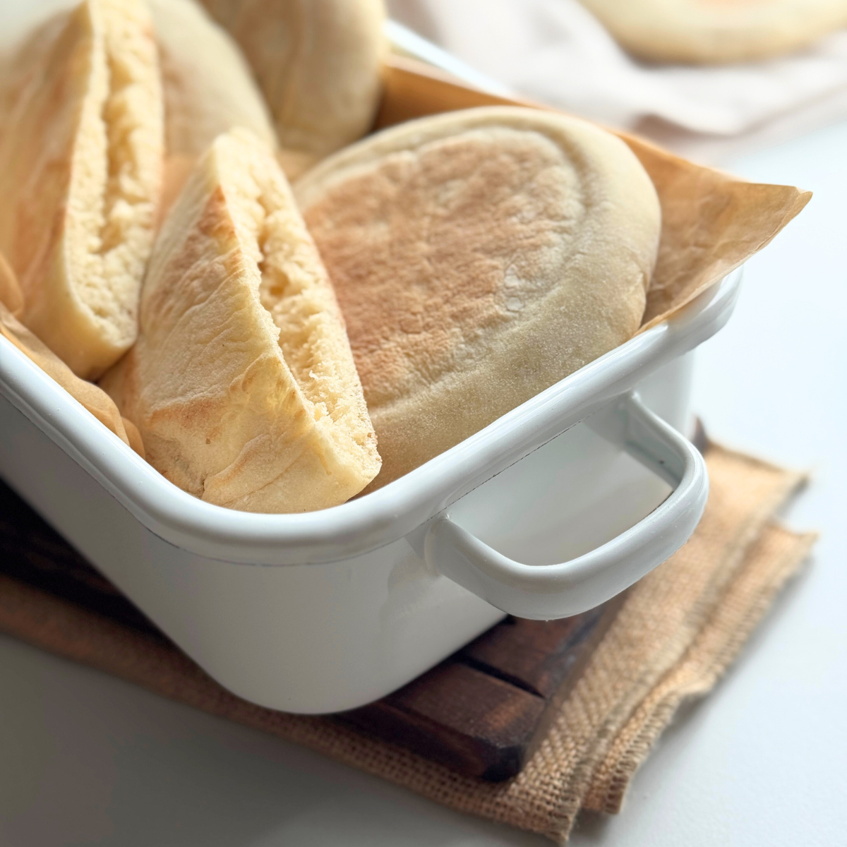 Close-up of a no-knead pita bread with a visible open pocket