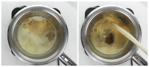 If you want to make ghee, then continue to simmer on low heat for another 2 minutes and just until the foam changes to a light brown colour  (ghee stage). Lightly part the foam with a spoon and you will notice the melted butter is a clear darker brown. Little bits of milk solids will sink to the bottom of the pot and caramelize 