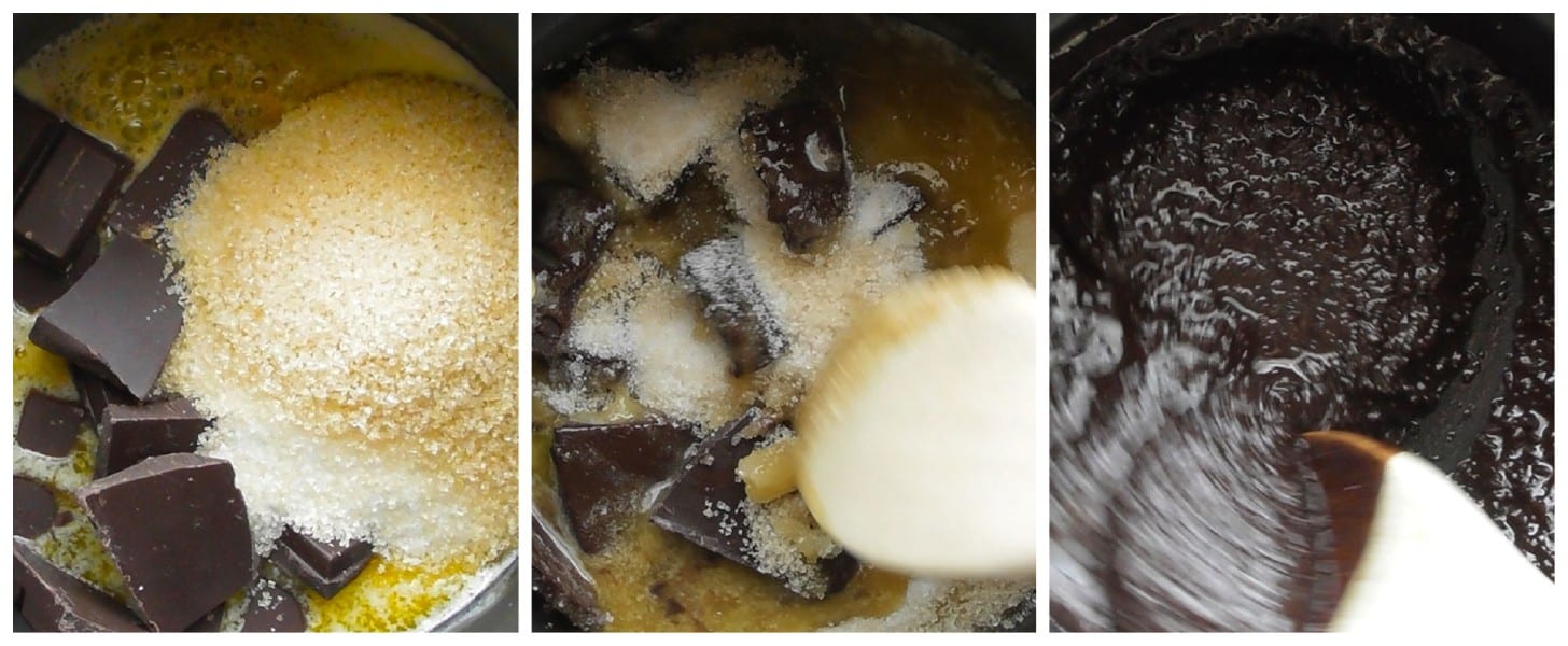 Place a medium-sized pot onto the stove and turn the heat on to a low medium. Add the butter, half of the chopped chocolate (½ cup/90g), the white and brown sugar. Stir continuously until the butter and chocolate are melted. Set aside and allow to cool.