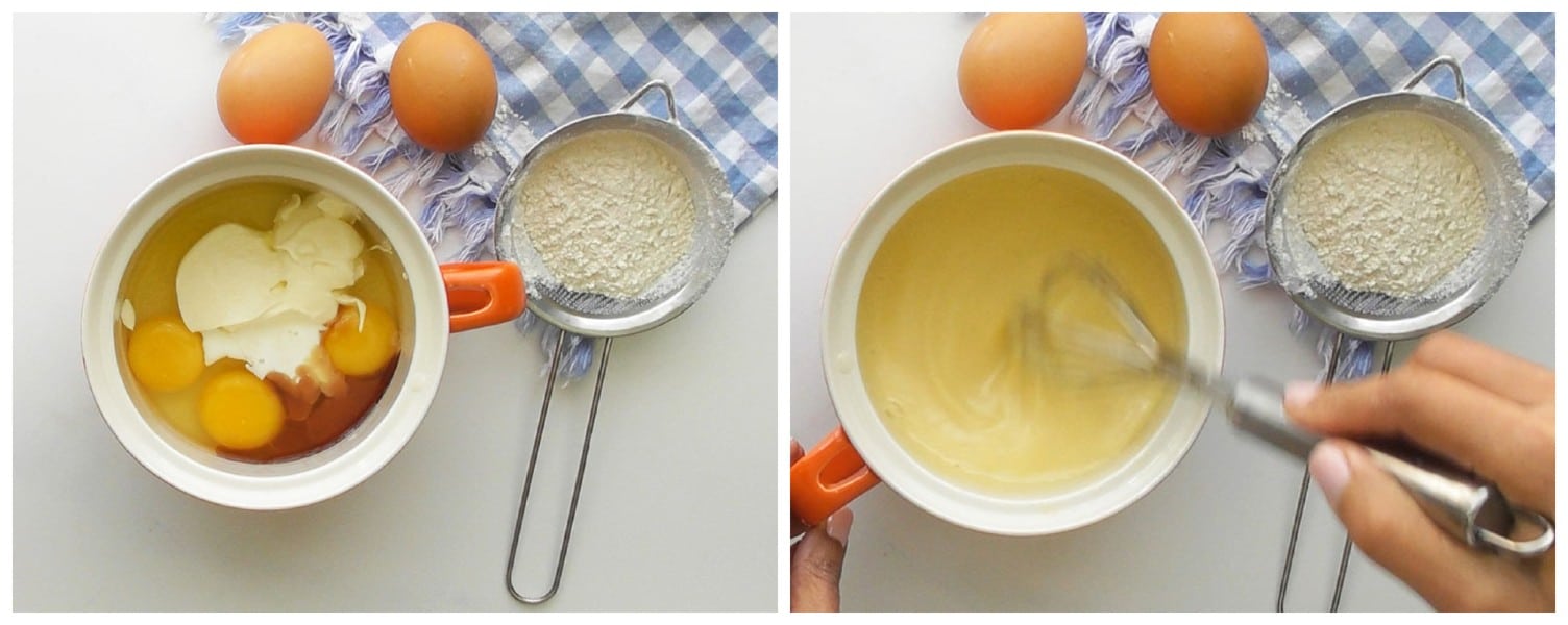 Whisk the eggs vanilla extract, sour cream, and milk.