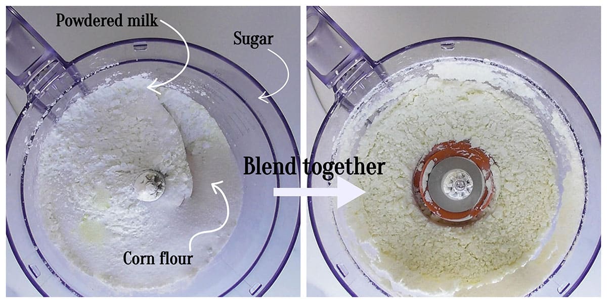 Blend the powdered milk, sugar and cornflour in a food processor or blender for about 1 minute until combined. If you do not have a blender or food processor, these ingredients can simply be combined using a whisk. Using a food processor or blender is just to break the ingredients into a more powdered form.  The custard powder can now be used immediately or stored in an airtight jar in the refrigerator for up to 3 months.