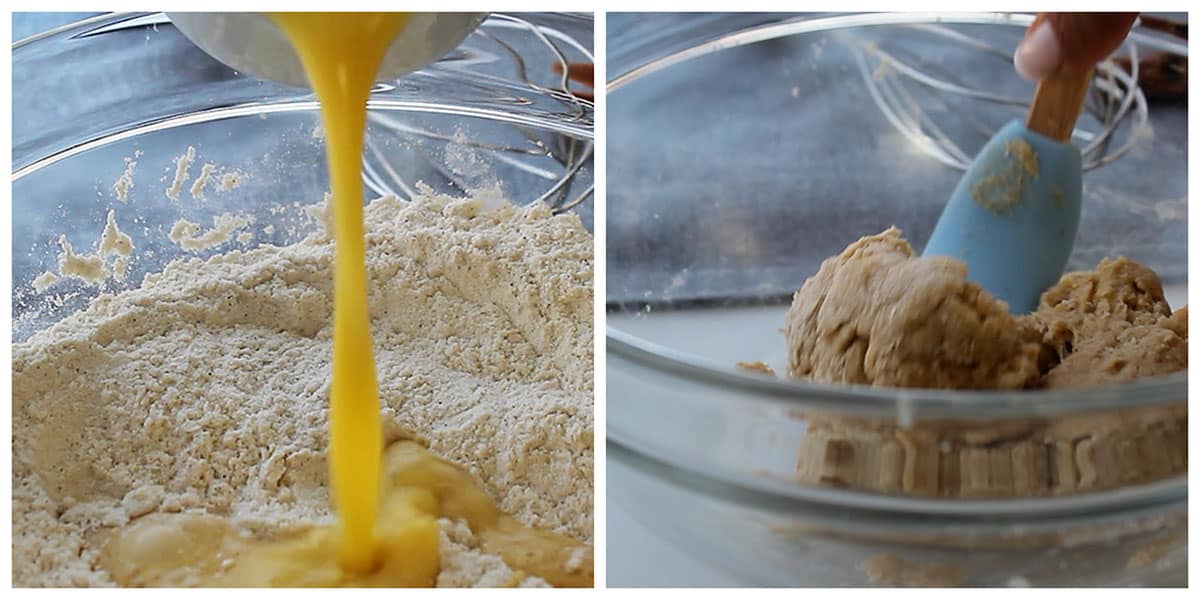 Combine the wet and dry ingredients. Form a soft dough