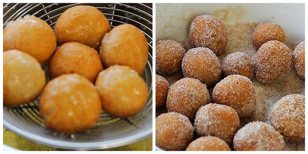 Remove donuts from the oil. Toss in cinnamon sugar