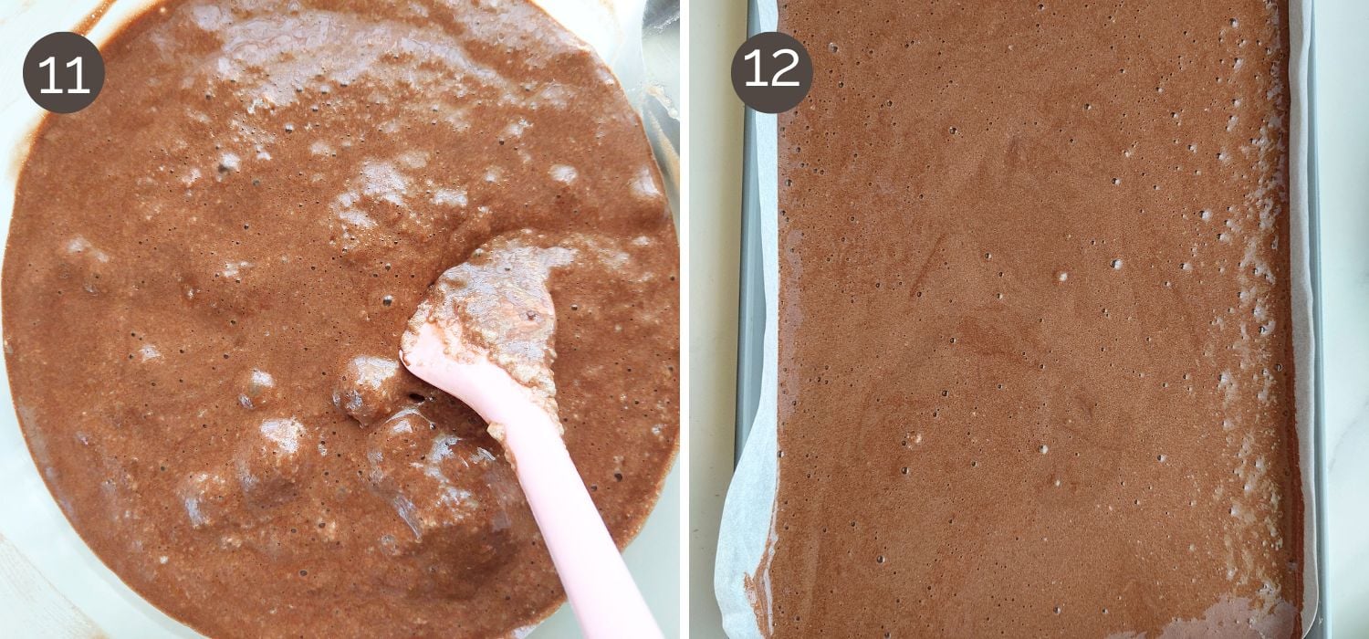 Chocolate cake batter spread evenly in lined baking tray before baking