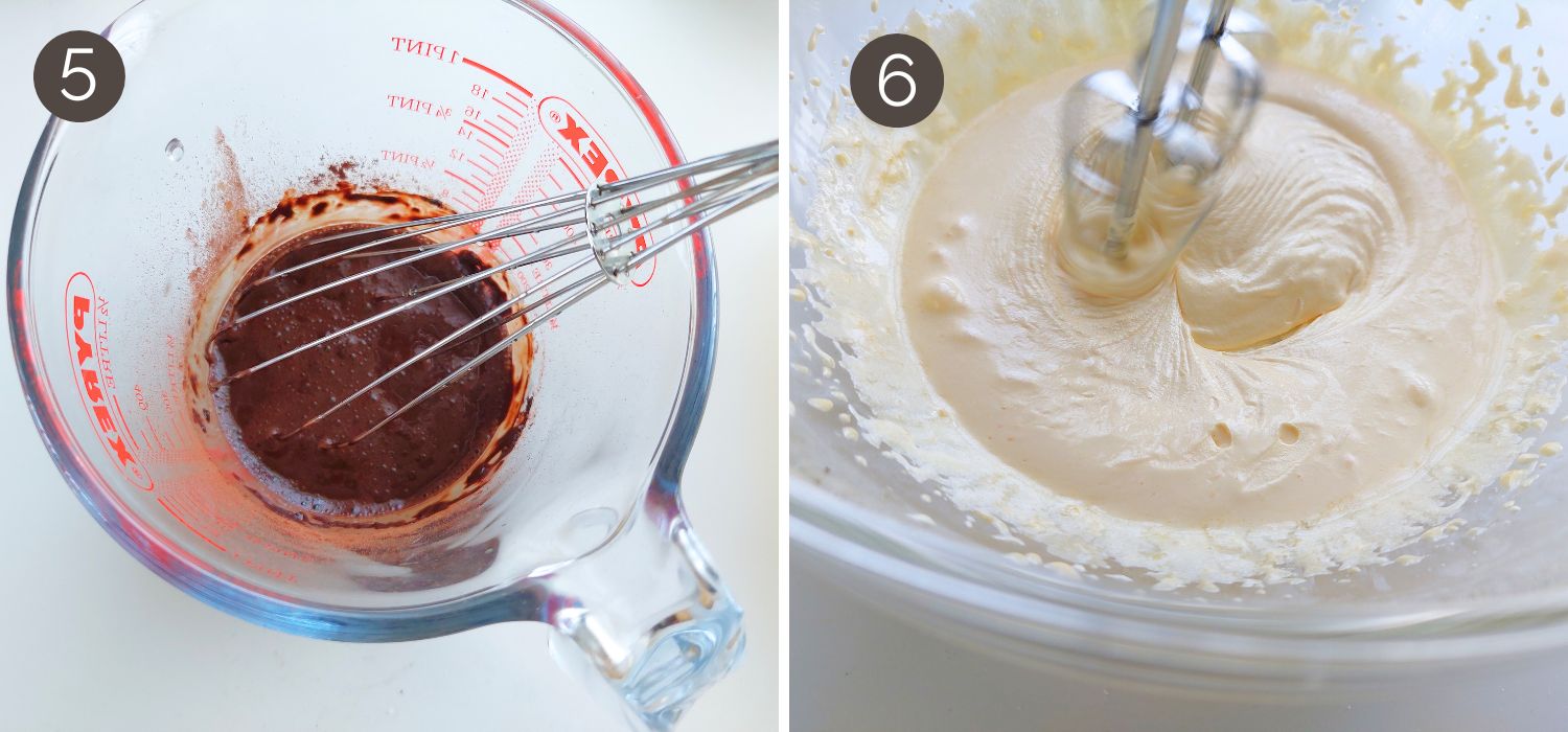 Cocoa mixture in a measuring jug and egg yolks beaten with sugar until pale and creamy