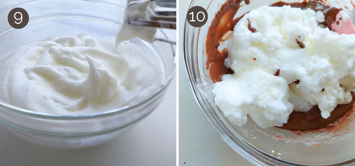 Egg whites beaten to soft peaks and added to chocolate batter