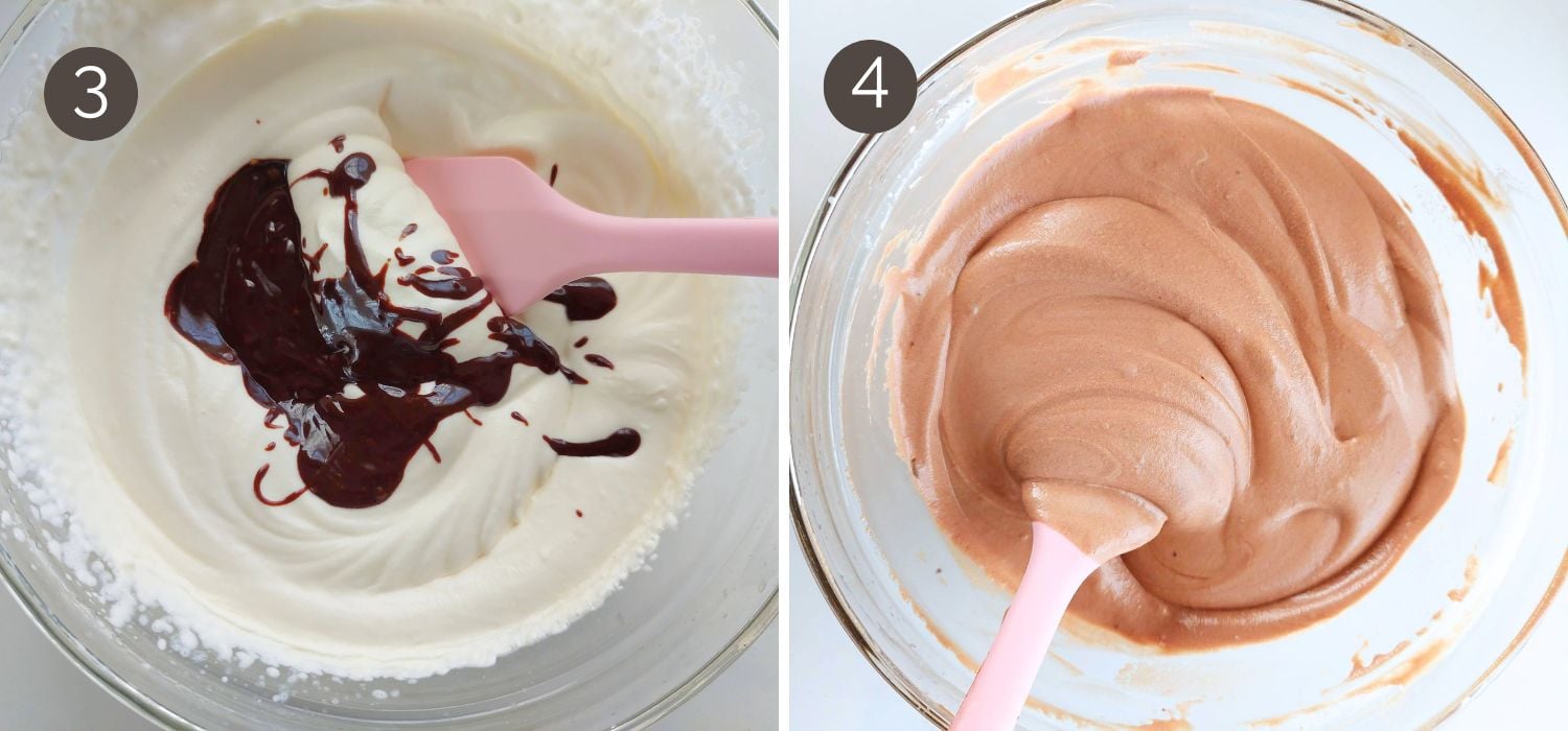 Adding melted chocolate to whipped cream and folding until smooth chocolate mousse forms