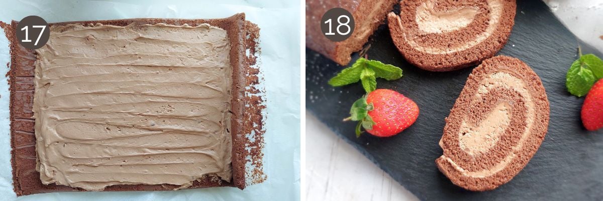 Chocolate swiss roll filled and sliced