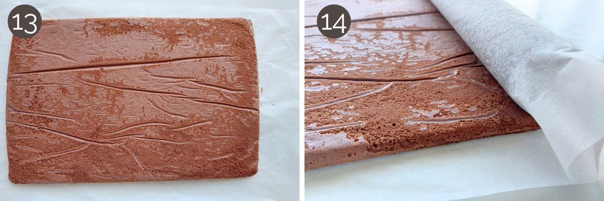 Warm chocolate sponge turned out of pan and parchment peeled off