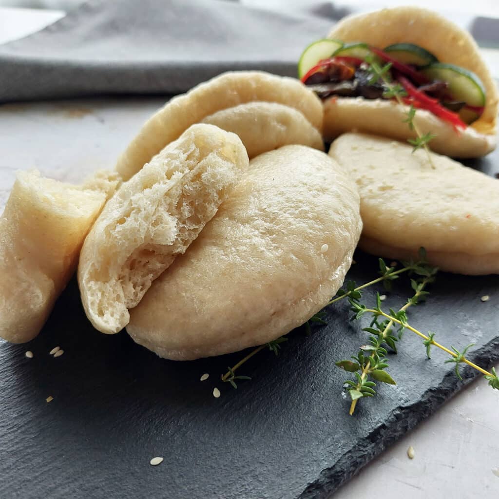 No knead steamed buns cut to show texture