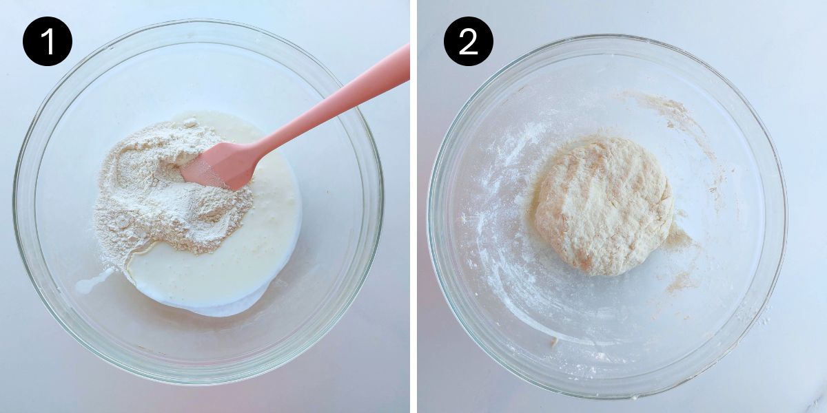 2 ingredient pita steps 1 and 2 mixing ingredients into soft dough