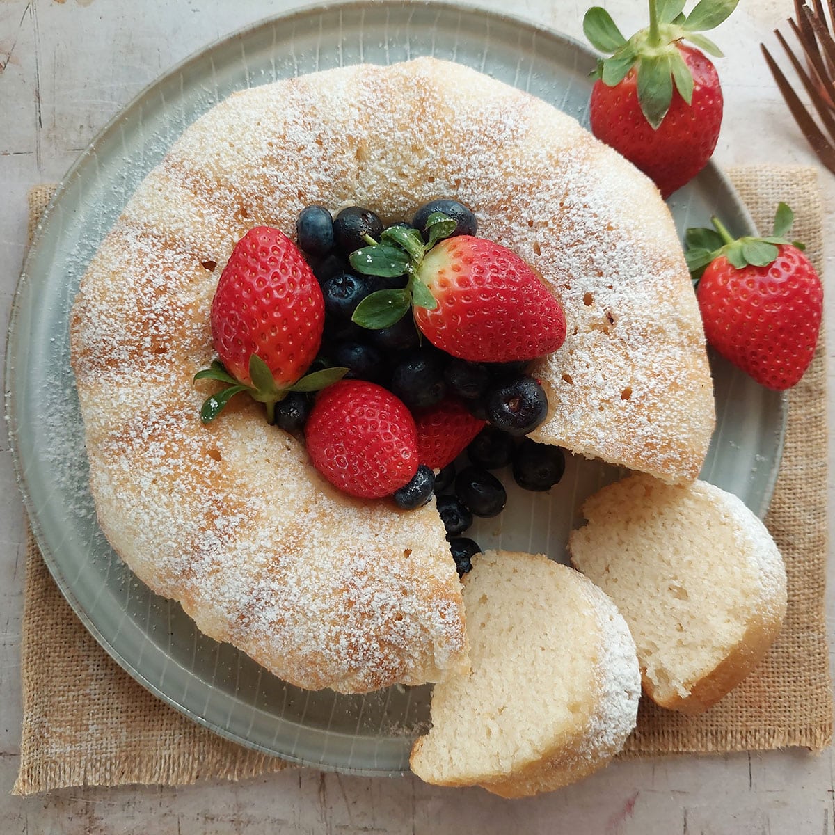 simply enjoy with a sprinkle of powdered sugar, topped with seasonal fruit and berries.