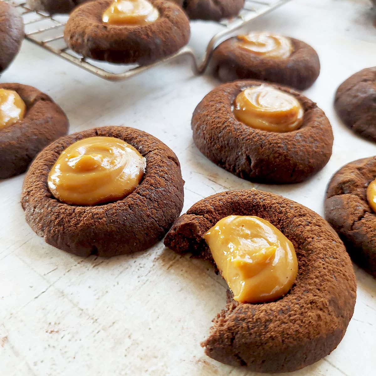 These Chocolate Caramel Butter Cookies are super easy to make. Made with a rich chocolate cookie dough, then filled with caramel, they are indulgently delicious.