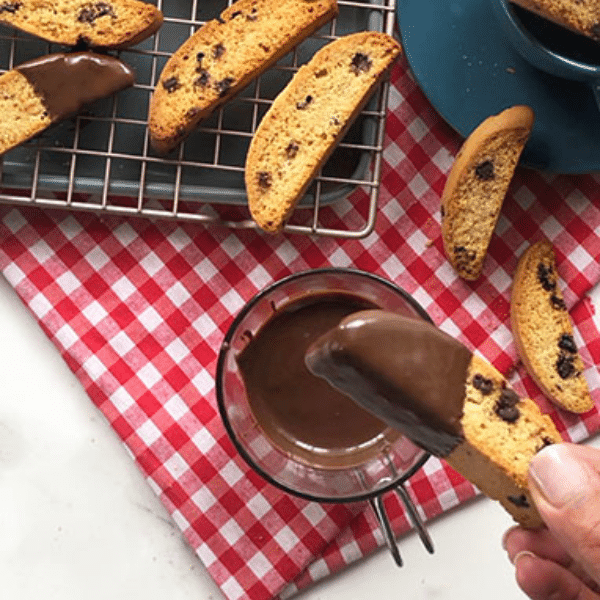 Chocolate dipped chai biscotti - dipped in chocolate