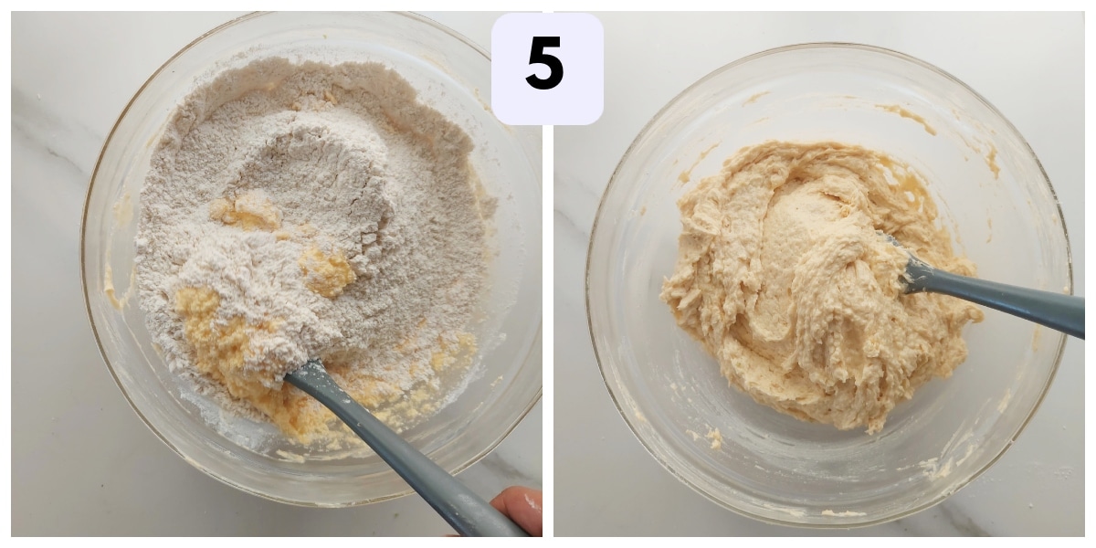 5. Add in the flour/ coconut mixture and use a spatula or wooden spoon to fold it in until combined.
