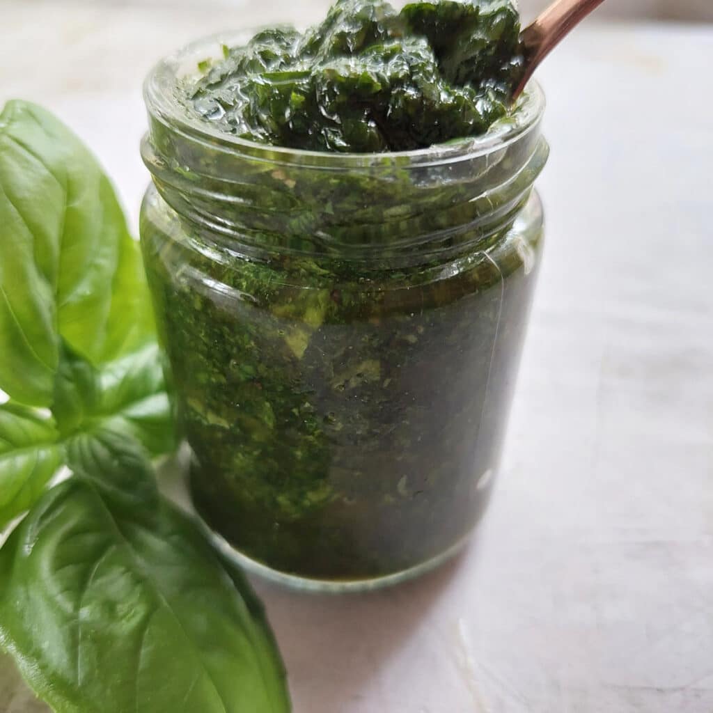 Basil Pesto Nut free, Dairy free 3 ingredients ⋆ The Gardening Foodie