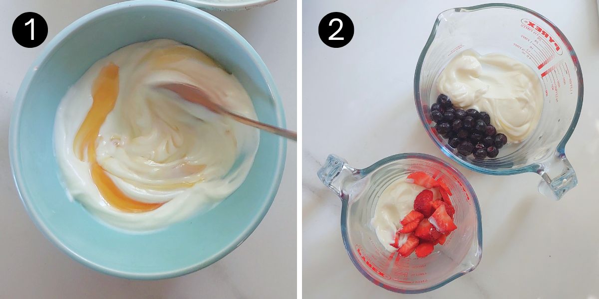 Mixing yogurt with honey and dividing yogurt between bowls