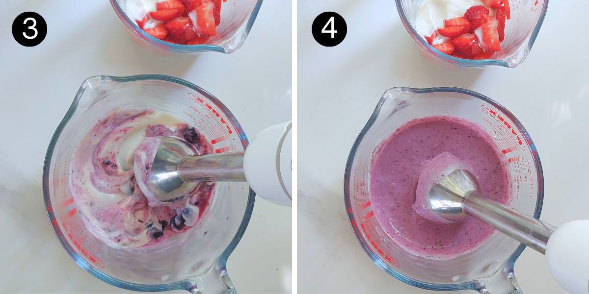 Blending fruit into the yogurt mixture until smooth