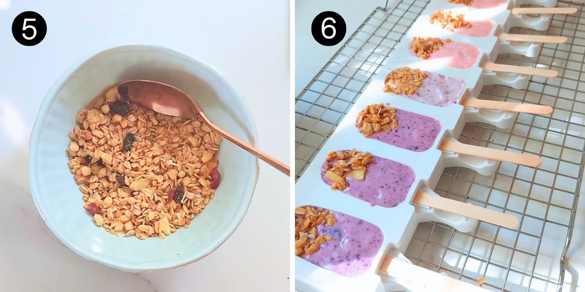 Granola mixture and filled popsicle molds before freezing