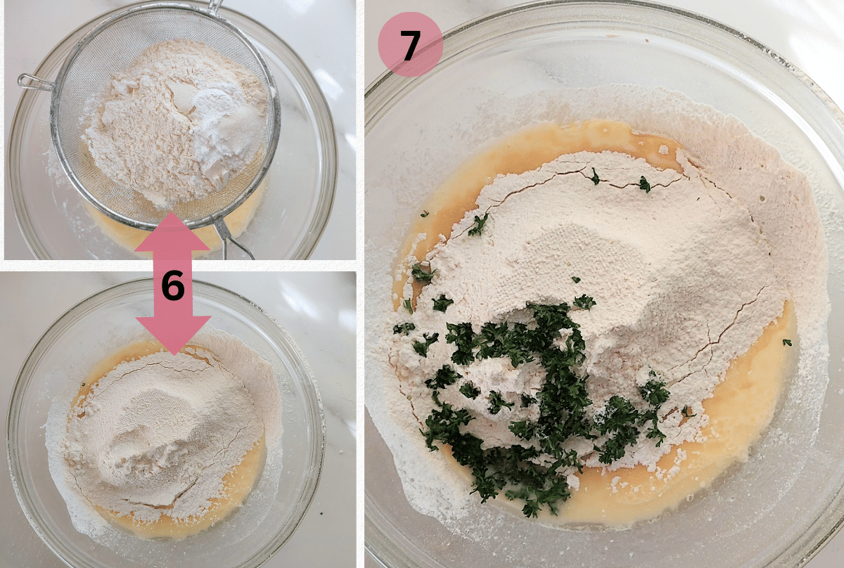 Sift in 2 cups (250g) all purpose flour, ½ teaspoon salt, 1 ½ teaspoons baking powder and ½ teaspoon baking soda (bicarbonate of soda).