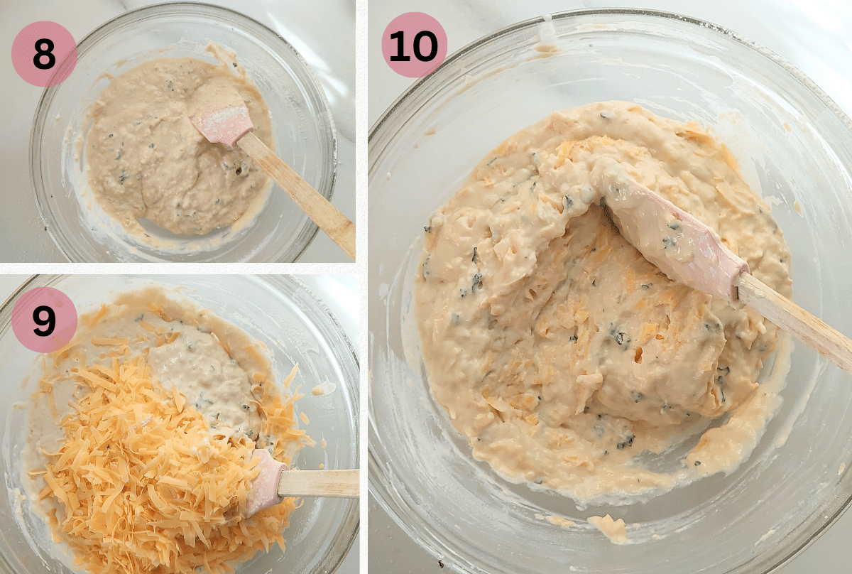 Add in 1 ¼ cups (150g) shredded (grated) mozzarella or cheddar cheese. 