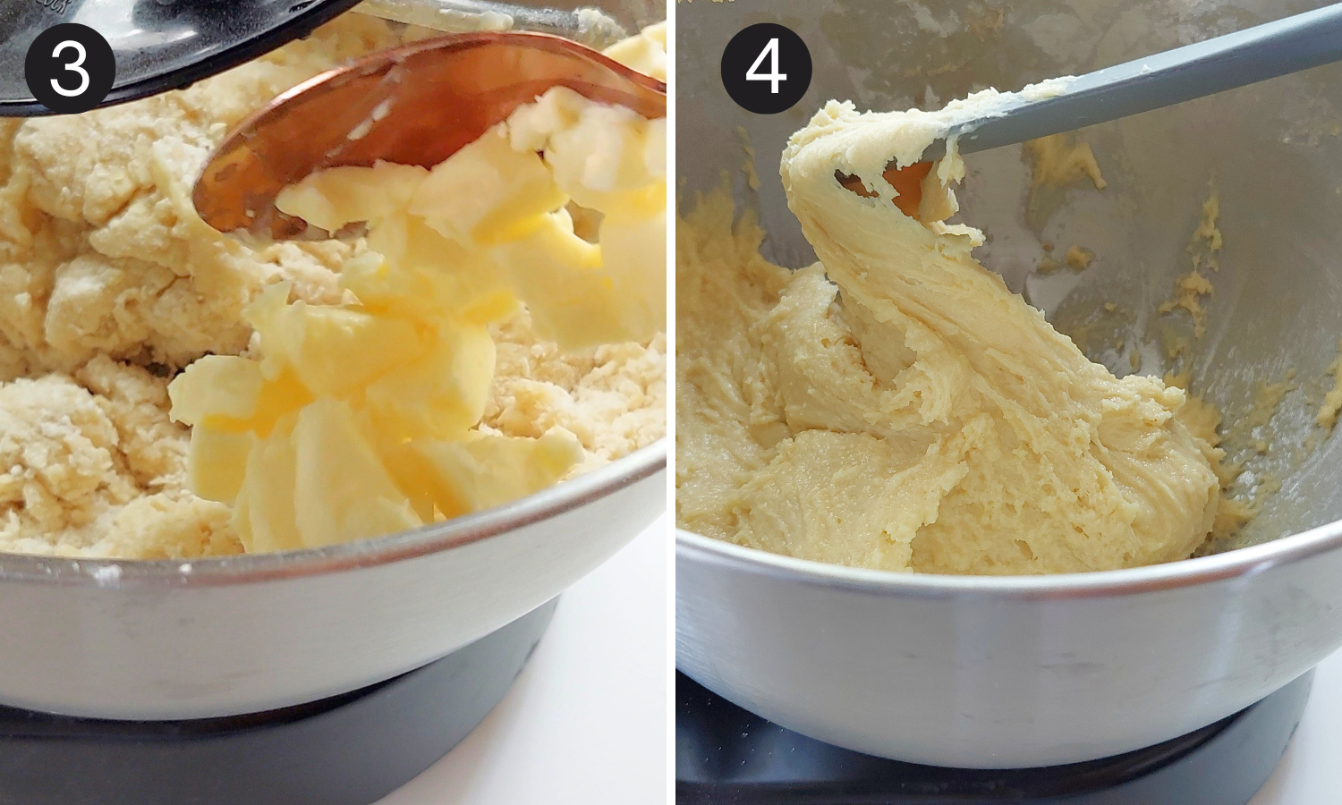 Adding softened butter to the dough and mixing until the dough pulls away from the sides of the bowl.